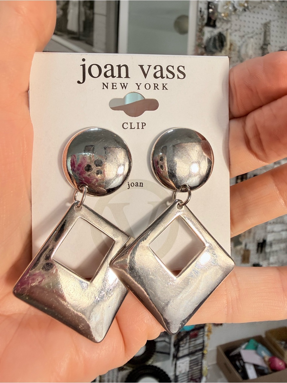 Joan Vass Shiny Silver Geometric Drop Clip-On Earrings